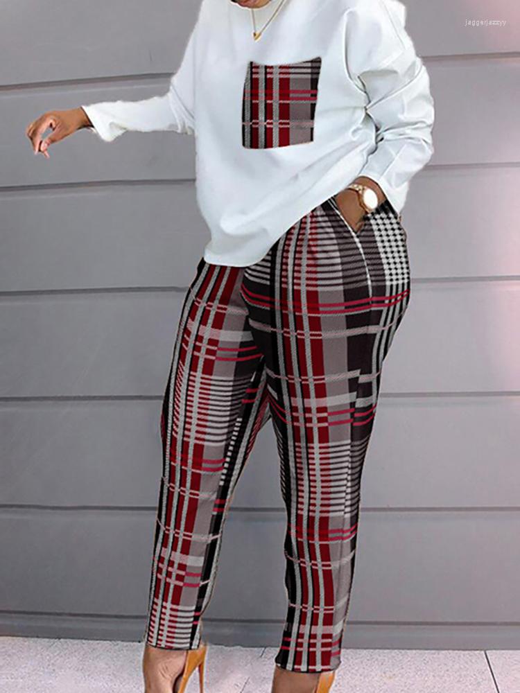 

Women' Two Piece Pants Vintage Plaid Printed Set Women Round Neck Top Pockets Long Pant Outfits Female Streetwear Loose Casual Matching, 05 white print