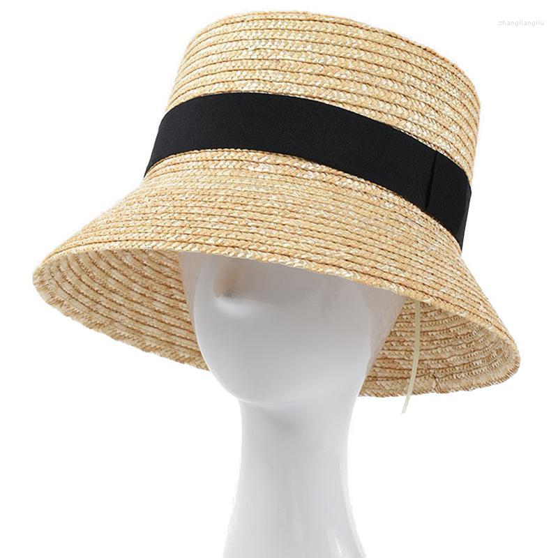 

Berets Summer Female Natural Stiff Wheat Straw Boater Fedora Top Flat Hat Women Beach Brim Cap With Black Stripe Ribbon Bucket HatBerets, 03