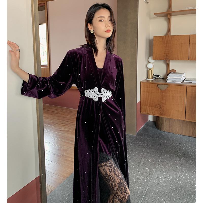 

Women's Sleepwear Velvet Suspenders Hollowed-out Long Skirt Waist Robe Suit Pajamas Long-sleeved Women's Bathrobe Can Be Worn Outside