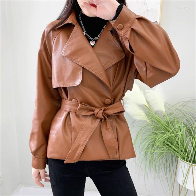 

Women's Leather ZXRYXGS High-quality Soft PU Jacket Women's 2022 Spring Loose Mid-length Coat Lapel Motorcycle, Brown