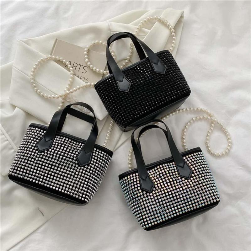 

Evening Bags Fashion Diamond Rhinestone Shoulder Bag Women Pearl Chain Bucket Handbags Purse For Outdoor Shopping Business, Black