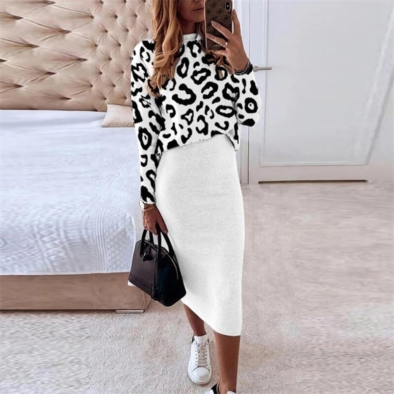 

Two Piece Dress Autumn Casual O Neck Sweatshirt Pullover and Bodycon Skirt Outfits Lady Fashion Suit Elegant Leopard Print Set 221010, 03 leopard white