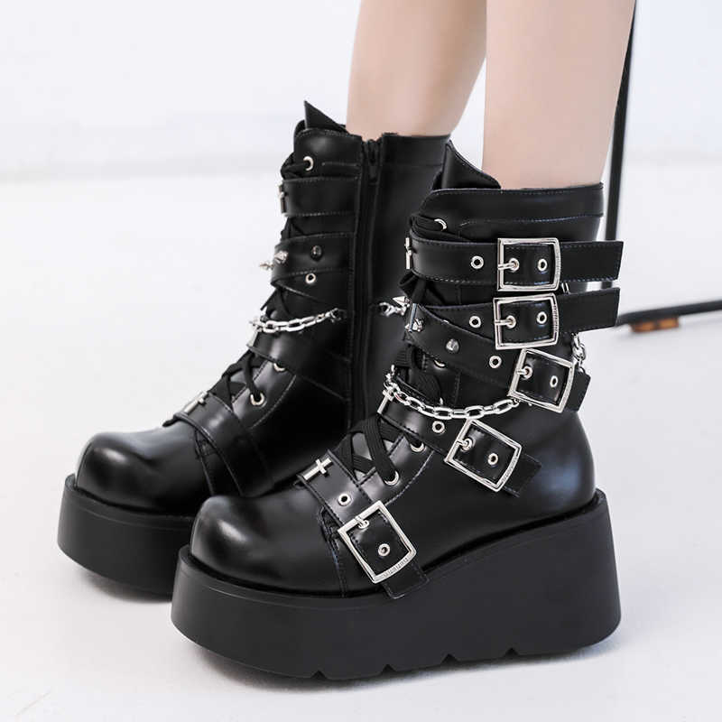 

Boots Rimocy Fashion Metal Buckle Platform Women Chunky PU Leather Gothic Shoes Woman Punk Style Thick Bottom Motorcycle Booties Y2210, White