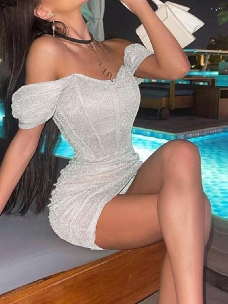 

Casual Dresses QFAF Women Mesh See Though Off Shoulder Ruched Bodycon Midi Mini Dress Sexy Party Club Night Pencil 2022 Summer Spring, Black