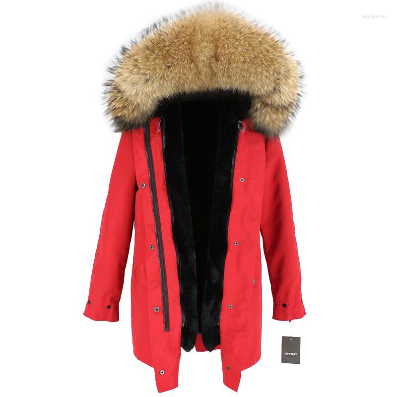 

Women's Fur Winter Jacket Women 2022 Waterproof Long Parka Real Coat Natural Raccoon Trim Hood Faux Liner Detachable Streetwear, Black orange