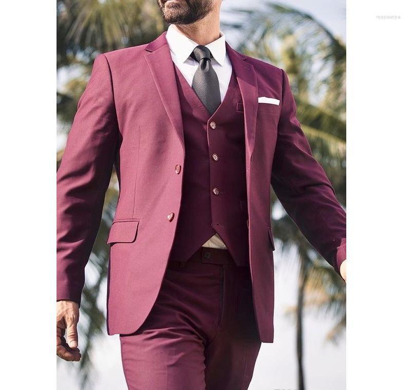 

Men's Suits Men's 2022 Burgundy Wedding Men Notched Lapel Casual Style Blazer Jacket Pants Vest Tailored Made Male Three Pieces, As the image