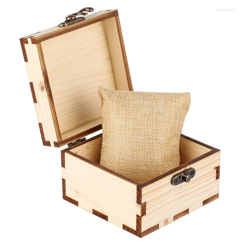 

Watch Boxes Full Wood Square Box Storage For Wristwatch Holder Retro Ancient Horn Lock Natural Wooden Foam Pad Pillow