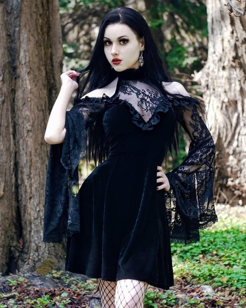 

Casual Dresses Halloween Costume For Women Dark Gothic Style Lace Temperament Stitching Raglan Dress Ladies Long-sleeved Retro Party, Black