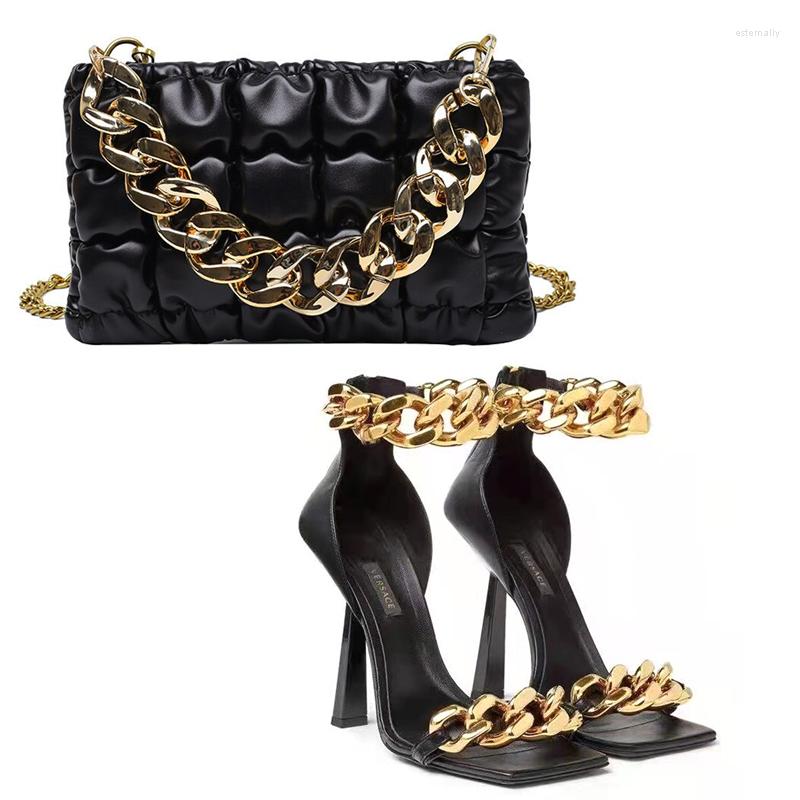 

Dress Shoes Women's Metal Chain Sandals In Summer With Square Toe And High Heel Slides Sexy Heels Fashion Shoulder Messenger Bag, As pc