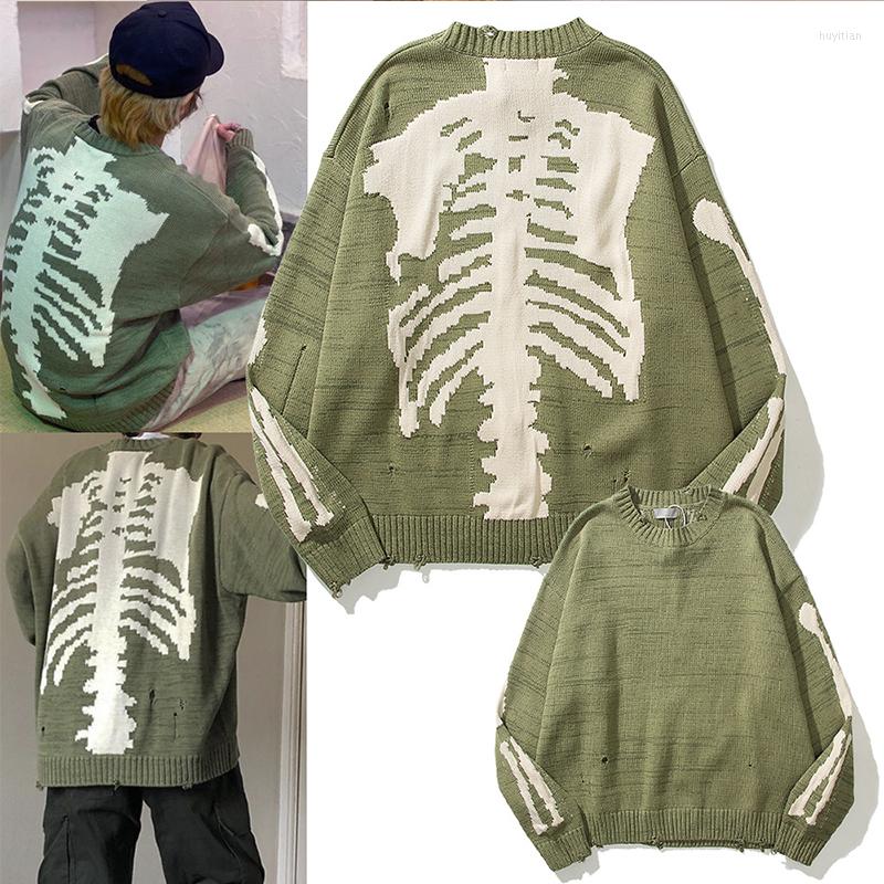 

Men's Sweaters Men's Y2k Clothes Green Harajuku Loose Sweater Skeleton Bone Printing O-neck Punk High Street Hole Vintage Knitted, Lvse