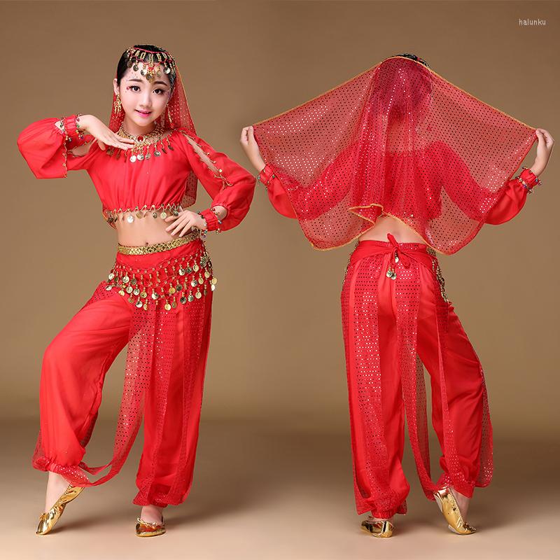 

Stage Wear Handmade Children Belly Dance Costumes 4pcs Top Pants Belt Veil For Head Bollywood Performance Clothes 3 Colors, Yellow 4pcs