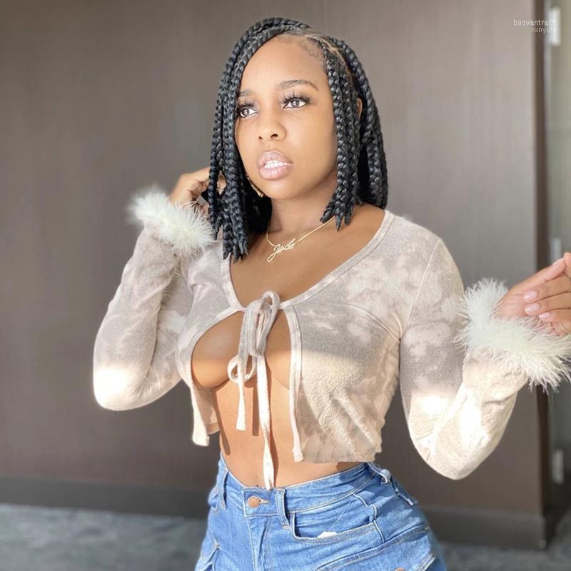 

Women' T Shirts Women' T-Shirt 2022 Hollow Coat Lace-up Top Party Loose Plush Long Sleeve Round Neck Cropped Dye Printed Clothes, Picture shown