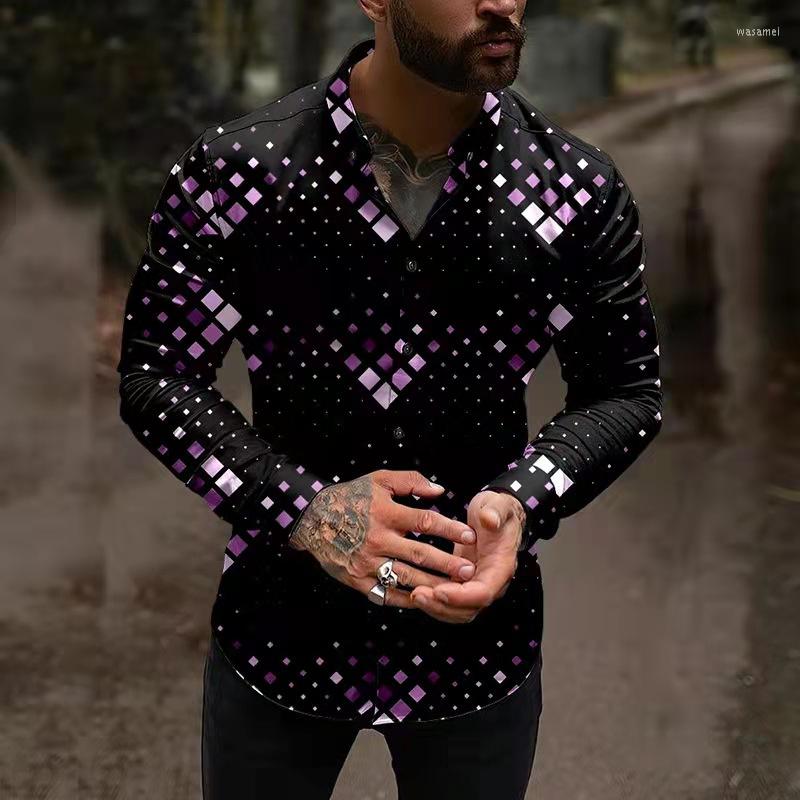 

Men's Casual Shirts Fashion Men Turn-down Collar Button Shirt Designer Gradient Geometry Print Long Sleeve Tops Men's Clothes Cardigan, A011
