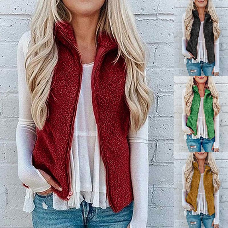 

Women's Vests 2022 Plush Vest Women Causal Winter Overcoat Female Pocket Tank Coat Outerwear Zipper Elegant Fur Jacket Casco Feminino, Green