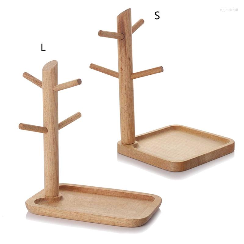 

Jewelry Pouches Multipurpose Display Stand Tree Shape Storage Rack Holder With 4 Hooks & Wood Tray For Necklaces Bracelets Gift