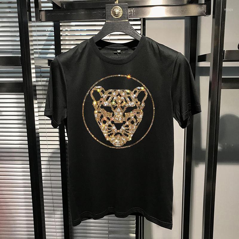 

Men's T Shirts Top Mercerized Cotton Summer T-Shirt Personality Brand Diamond Leopard Pattern Luxury Short Sleeves, As shown asian size