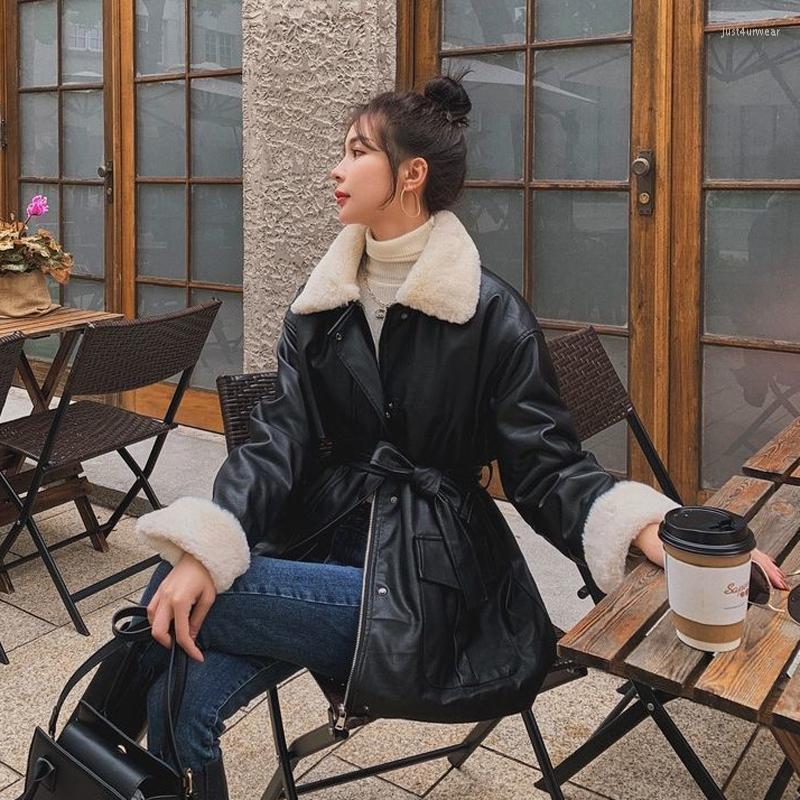 

Winter Oversized Leather Jacket Women with Faux Rex Rabbit Fur Inside Warm Soft Thickened Fur Lined Coat Long Sleeve, Black