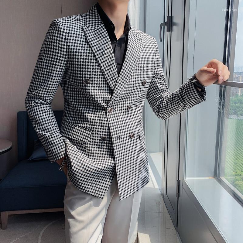 

Men's Suits British Style All Match Slim Fit Houndstooth Blazer Men Clothing 2022 Simple Double Breasted Business Office Suit Jackets Casual, Gray