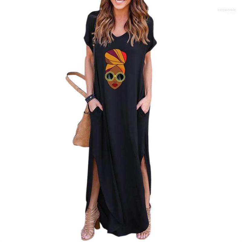 

Casual Dresses 2022 Women' Summer Afro Black Woman Wear Headwrap Style Long Dress Loose Pocket Short Sleeve Maxi Oversized 5XL
