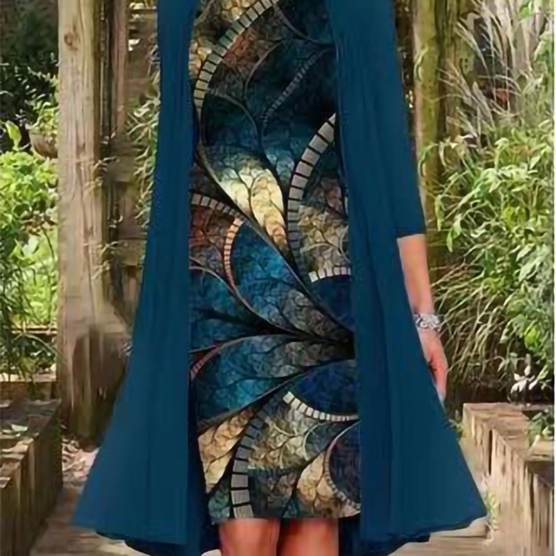 

Two Piece Dress Vintage Autumn Harajuku Fake Cardigan Mid Elegant Chic Pattern Print Loose Women Casual O Neck Party 221010, Style2