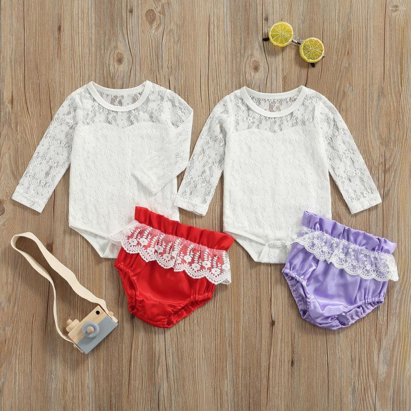 

Clothing Sets Born Baby Girl Romper Outfits Long Sleeve Lace Patchwork Solid Color Playsuit Ruffles Decor Short Pants Set, Red