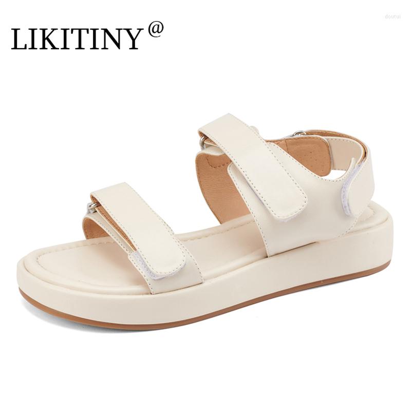 

Dress Shoes LIKITINY 2022 Summer Fashion Flat Platform Women's Leisure Round Toe Genuine Leather White Ladies Open Casual Sandals