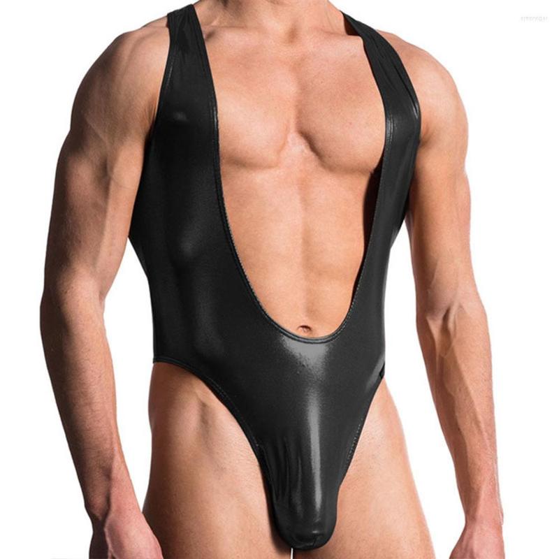 

Men's G Strings Sexy Men Faux Leather Black Funny Bodysuit Gay Sissy Club Wear Fitness Bodybuilding Sheer Bodysuits Undershirts For