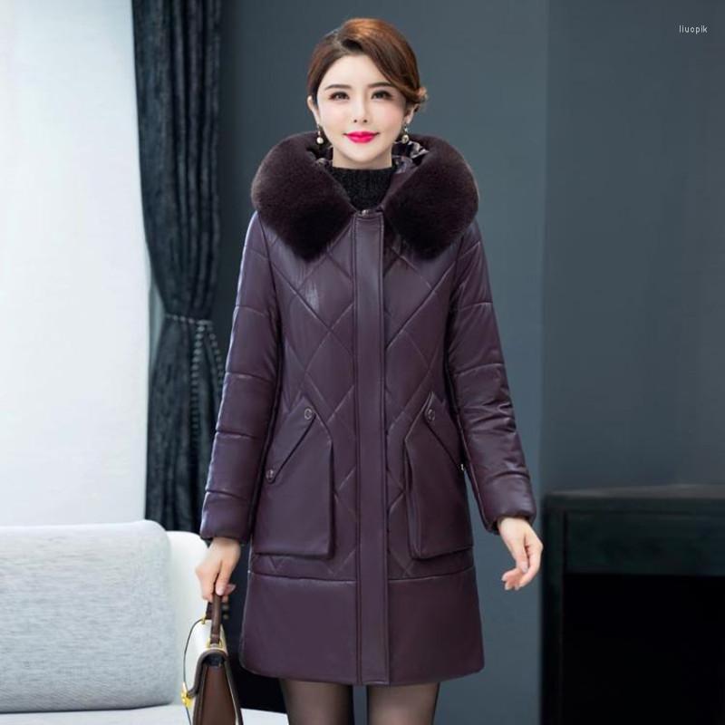 

Women's Trench Coats Women Fur Collar Hooded Soft Leather Long Winter Jacket Ladies Faux Sheepskin Parkas Cotton-padded Coat Female Thicken, Black