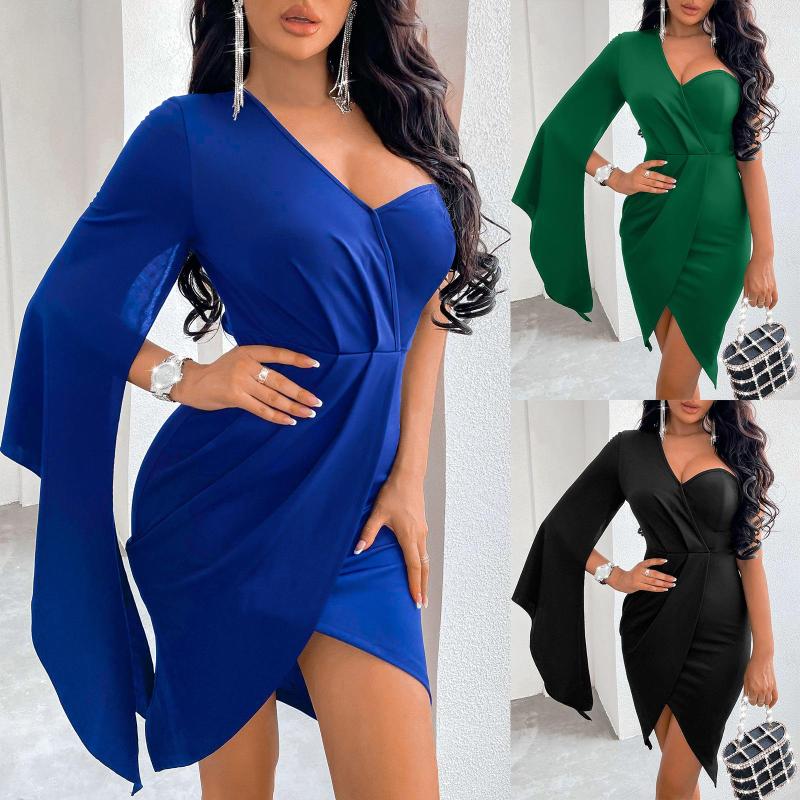 

Casual Dresses 2022 Summer One Shoulder Bag Hip Skirt Women' Fashion V-neck Sexy Dress Befree, Black
