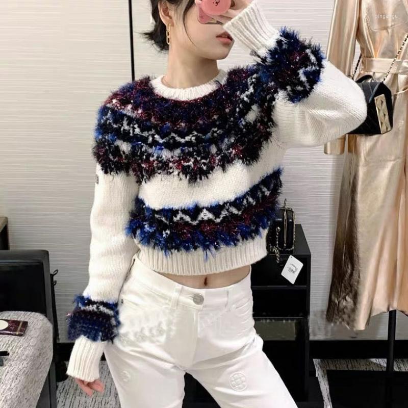 

Women' Sweaters Christmas Pullover Winter Luxury Runway Color Fleece Wool Fringe Striped Knit Pink O-Neck Short Sweater Top Women Brand, Black