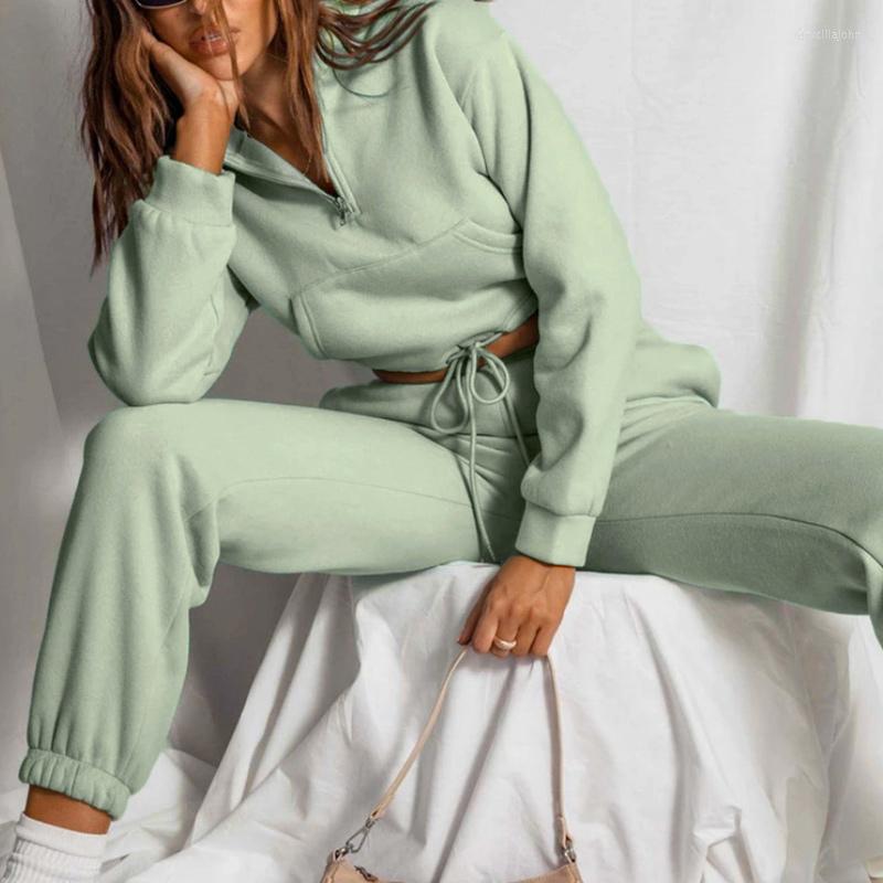 

Women' Two Piece Pants Autumn Winter Solid Casual Tracksuit Women Set Stand Collar Drawstring Short Pullover Elastic High Waist Outfits, Black