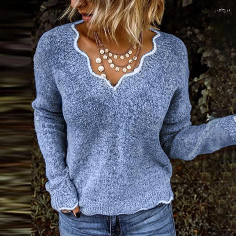

Women's Sweaters Women's Autumn Winter Casual V-Neck Pullover Slim Fit Long Sleeve Solid Loose Knitted Sweater Tops Female 2022, Blue