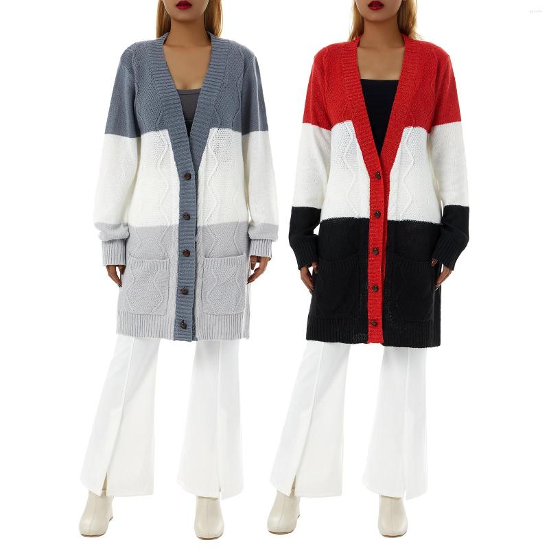 

Women' Knits 2022 Style Women Cable-knit Sweater Adults Contrast Color Long Sleeve V-neck Button Cardigan Autumn Coat, Gray