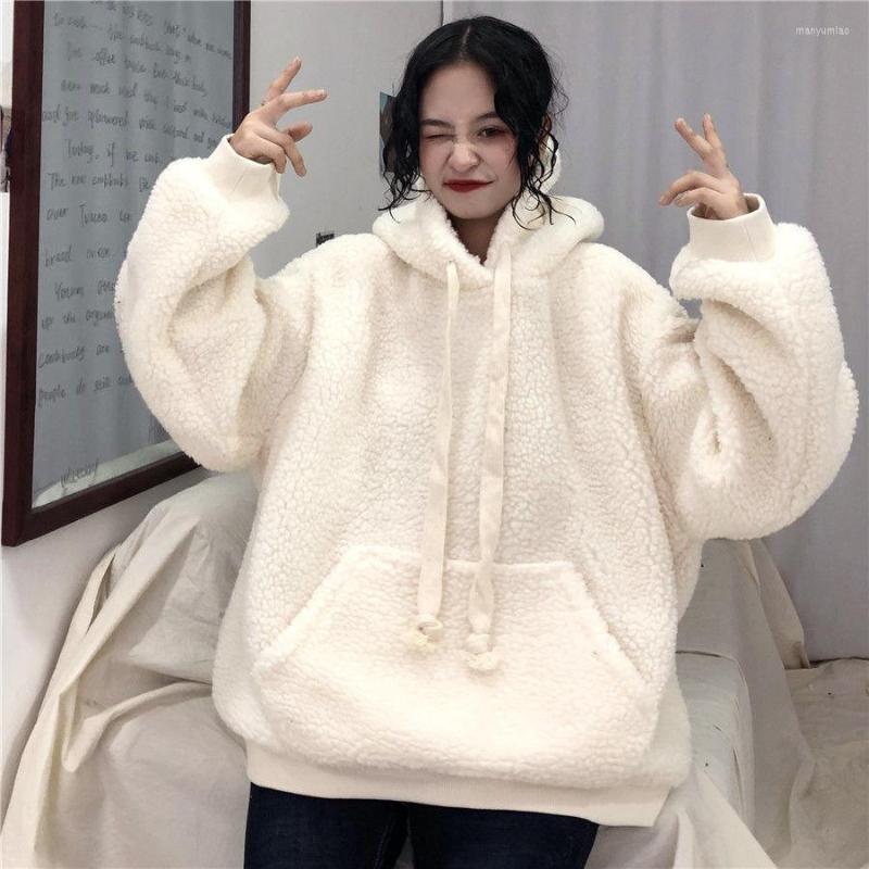 

Women's Hoodies Womens Winter Lamb Plush Hooded Cashmere Korean Sweatshirts Long Sleeve Loose Warm Solid Color Pockets Tracksuits, White