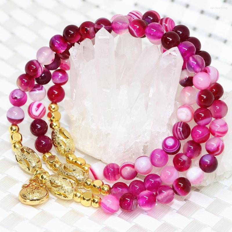 

Strand Rose Red Natural Veins Agats Multilayers Bracelets 6mm Round Beads Semi-precious Stone Gold-color Pendant Jewelry Making B2239