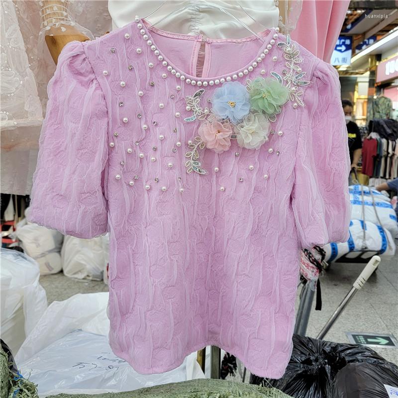 

Women's Blouses Pleated Short-Sleeved Shirt Women's 2022 Summer Flowers Pearl Pullover Top Pink Girls Chiffon Shirts Blouse Woman Blusas, White