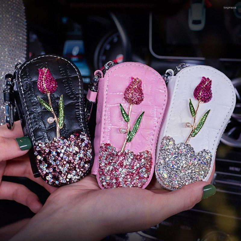 

Interior Decorations Flower Car Key Holder Storage Case Crystal Diamond Keychains Cover Remote Bag For Accessories
