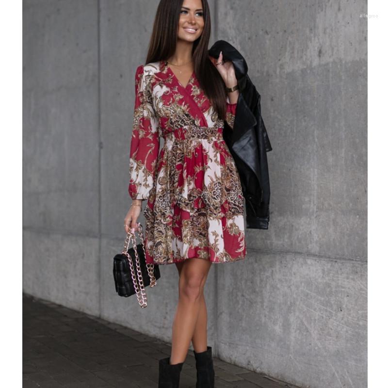 

Casual Dresses Chiffon Long Sleeve Floral Print Dress Women 2022 Autumn Deep V Neck Green Pleated Office For Woman, Black