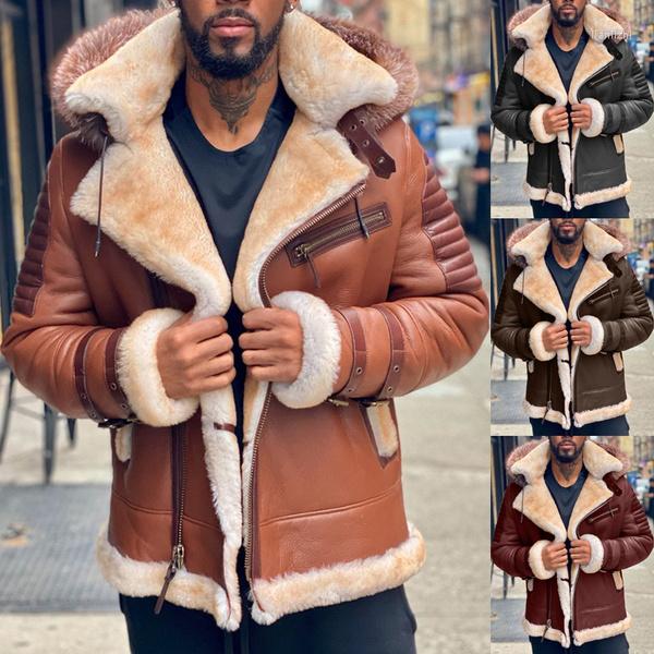 

Men' Wool Fashion Men Leather Coat Hooded Jacket Vintage Solid Color Thicken Warm Motorcycle Jackets Winter Plus Size, Red