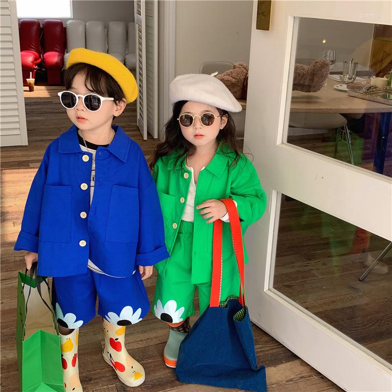 

Clothing Sets Korean Style Children Clothes Boys And Girls Lapel Jackets Knee-length Pants 2Pcs Kids Cotton Casual Outfits, Blue