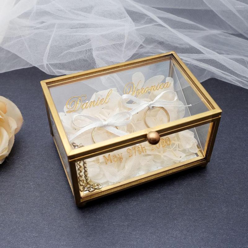 

Jewelry Pouches Personalized Wedding Ring Box Custom Glass Holder Organizer Customized Names And Date For Engagement Marriage