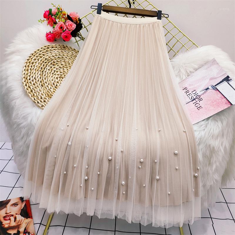 

Skirts Both Sides Wear Pearls Mesh Skirt Women 2022 Spring Velvet High Waist Long Woman Solid Color A Line Pleated, Black