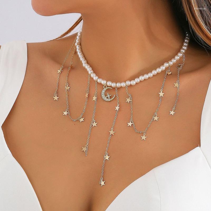 

Choker Fashion Imitation Pearl Necklace For Women Handmade Rhinestone Moon Star Tassel Collar Clavicle Chain 2022 Korean Jewelry