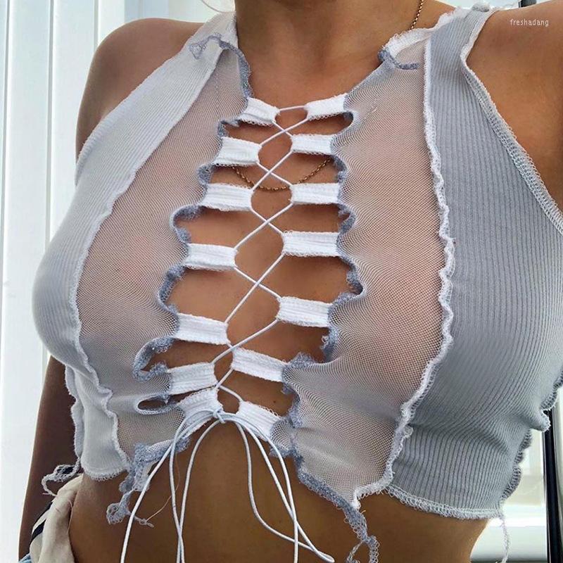 

Women' Tanks Tank Tops Women' Perspective Mesh Stitching Lace-up Cutout Sexy Slim-Fit T-shirt Hollow Out Bandage Crop Women, Green