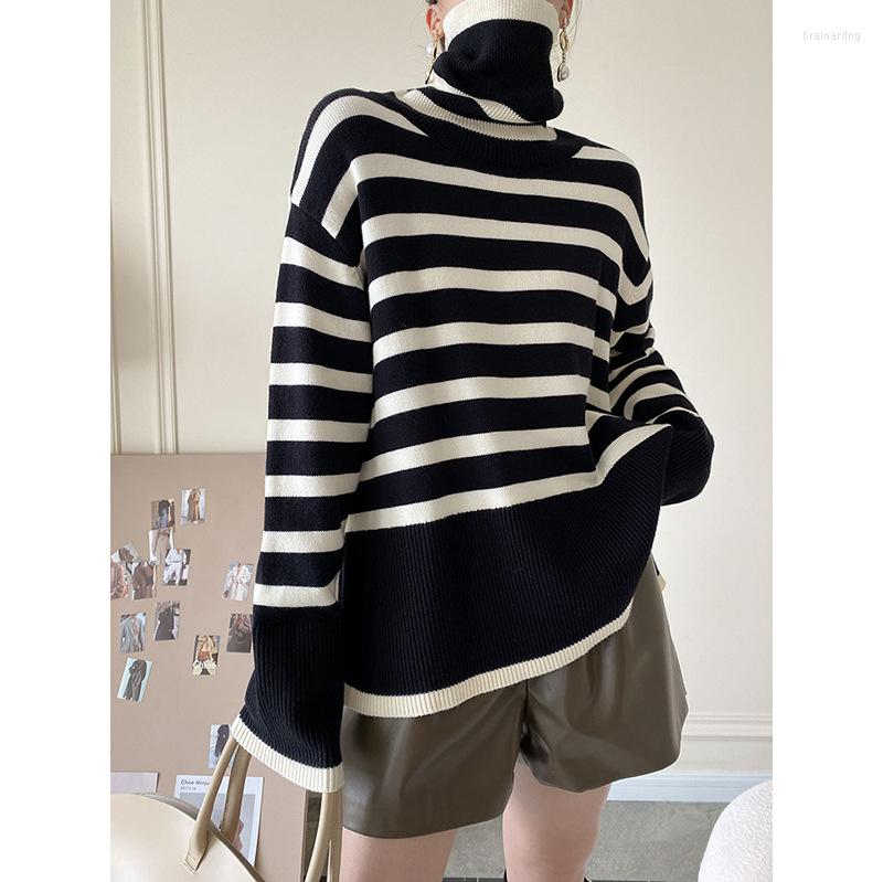 

Women's Sweaters Women High Collar Stripe Sweater Female 2022 Fashion Casual Lazy Loose Style Knitting Pullovers Chic Tops Streetwear, Black