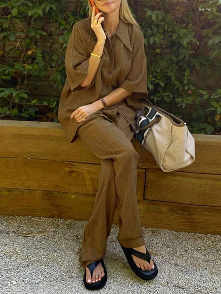 

Women' Two Piece Pants Causal Loose Trouser Suits 2022 Spring Short Sleeve Blouse With High Wasit Set Women Elegant Brown 2 Pieces Sets