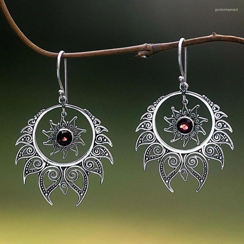 

Dangle Earrings Vintage Spiral Drop For Women Silver Color Hollow Out Circle Sunflower Zircon Ethnic Trendy Jewelry