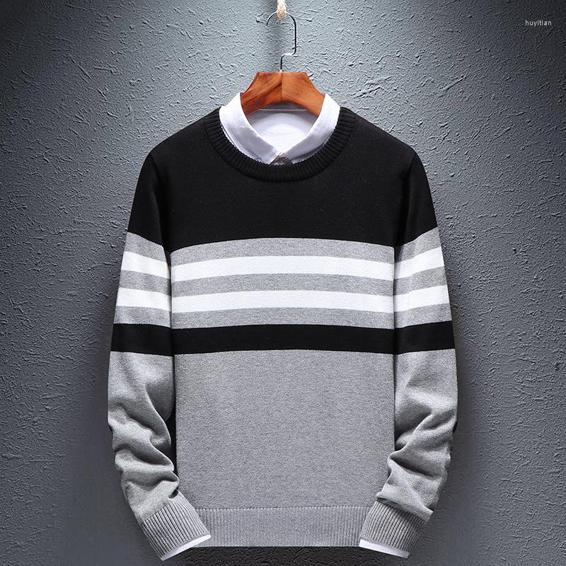 

Men' Sweaters Spring And Autumn Fashion Casual Knitted Round Neck Color Matching Stripe Loose Sweater Men' Pullover, Black