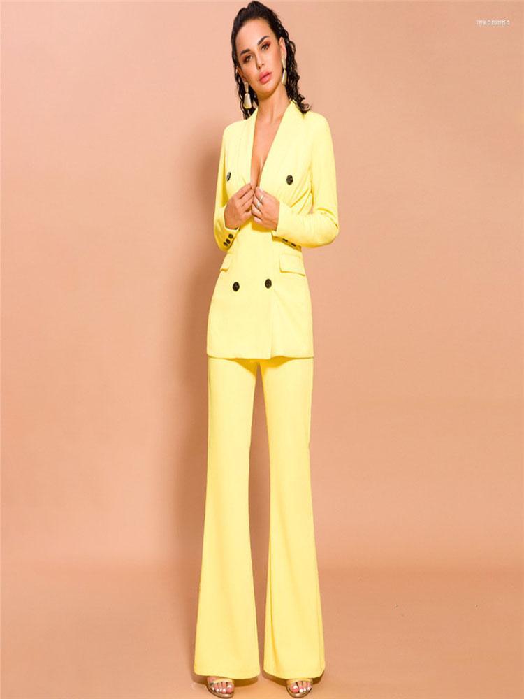 

Women's Two Piece Pants Women's Yellow Women Female Business Suits Double Breasted Pant 2 Tuxedos For Wedding Outfit Blazer Custom, Picture style