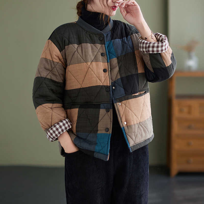 

Women's Down Parkas 2021 Autumn New Parkas Female Large Size Plaid Cotton-Padded Jacket Women Clothing Light Thin Loose Vintage Quilted Short Jacket T221011, Purple